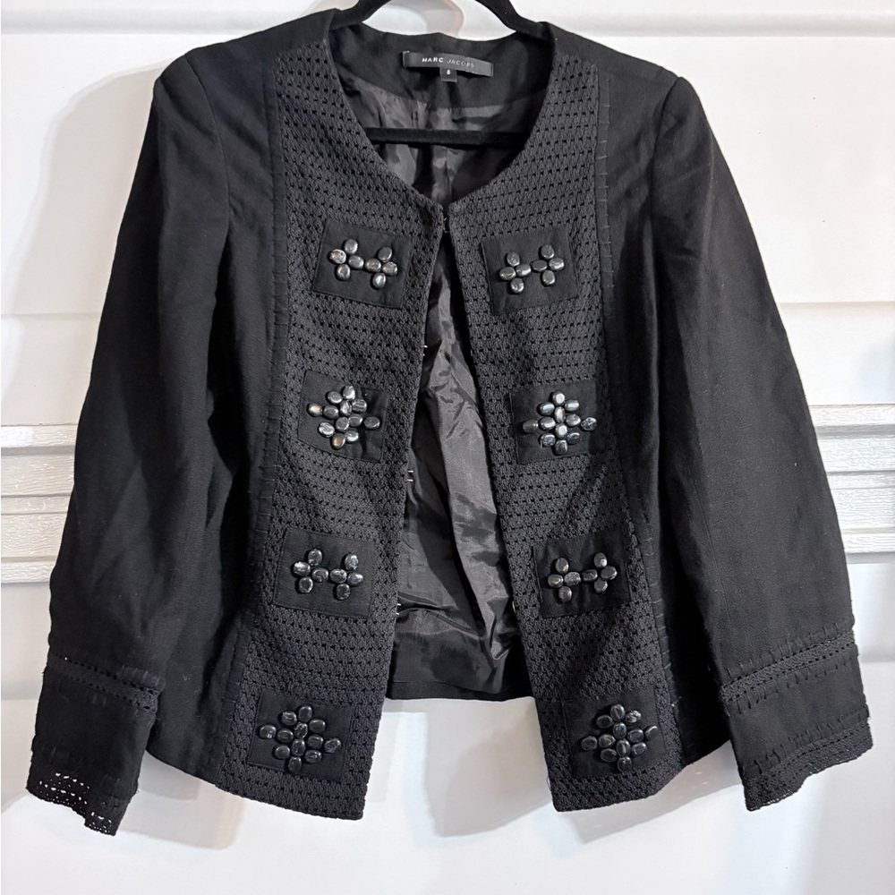 Marc Jacobs mainline Black Crocheted lace sleeve linen blend Blazer with beading
